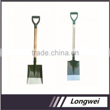 powder coated steel shovel head with wooden handle and plastic D grip