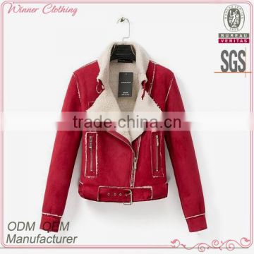 2015 trendy red lapel collar short women winter jacket with shearling