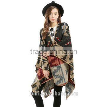 Poncho Women Cashmere Shrug Warm Flower Pattern Slit Wool Blend Plaids Blanket Cloak Poncho Cape Coat Printed Cardigan Shawl photo-3