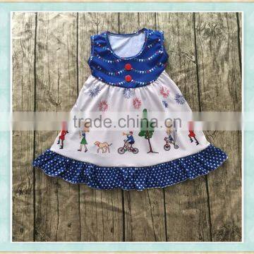 Hot sale girl summer kids clothes blue sleeveless firework and cartoon print new born baby tunic dress