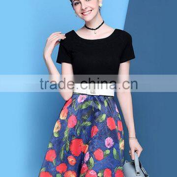 2016 Little Fresh Knitted Top and Floral Chiffon Short Sleeve A-line Dress With Waist Belt photo-2