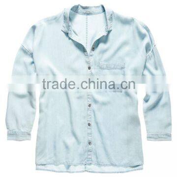 2017 China Manufacturer Shandao High Fashion New Casual Autumn Design Long Sleeve Button Opening Loose Blue Viscose Blouse photo-3