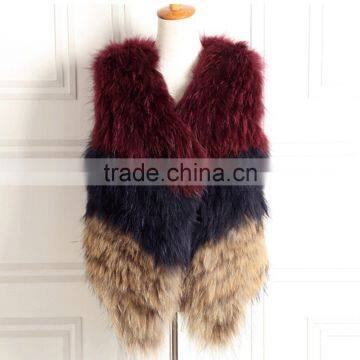 SJ041-01 Contrast Three Colors Fur Company Raccoon Knitting Fur Vest 2016 Dyed Color Fur