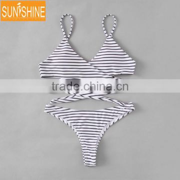 High Rise Stripe Thong Swimsuit Bandage Bikinis Foe Sexy Women