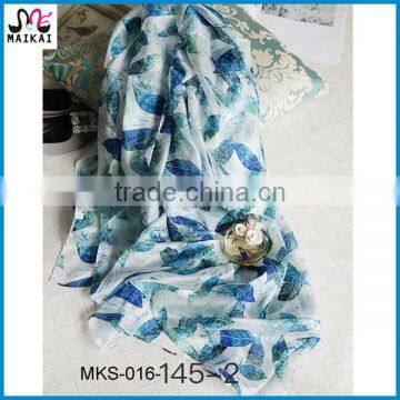High fashion soft blue leaf print chinese silk scarf