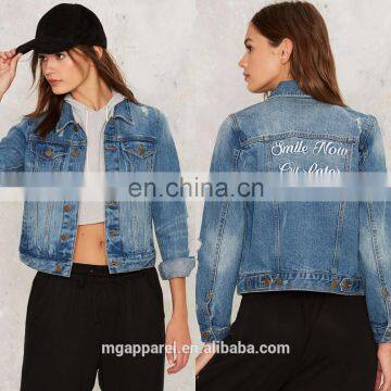 China custom jacket in new model distressed embroidered denim jacket women