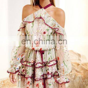 Latest Fashion Dress Designs Pretty Women Long Sleeve Floral Ruffle Casual Dresses with Cold Shoulder