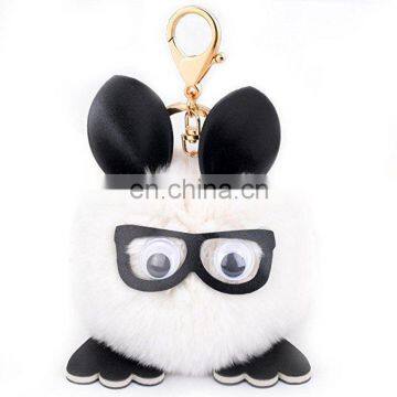 rabbit fur pom pom owl lady bag purse keychain