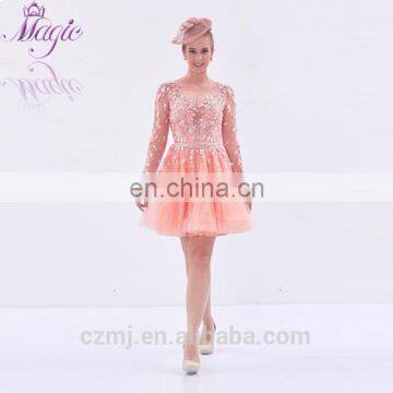 2017 New Arrival Design High Quality Wholesale Sequin Beaded Blush Long Sleeve Prom Dress