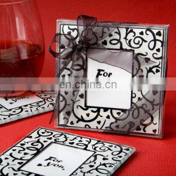 Hearts and Flourishes Black and White Glass Coaster