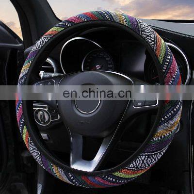 Latest Universal 38CM Car Steering Wheel Cover No Inner Ring Ethnic Style Coarse Flax Cloth Elastic band steering wheel cover