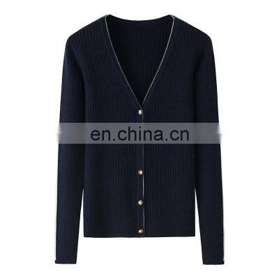 Women's Long Sleeves V-Neck Cashmere Cardigan Button Front Rib Knit Casual Style for Autumn Season