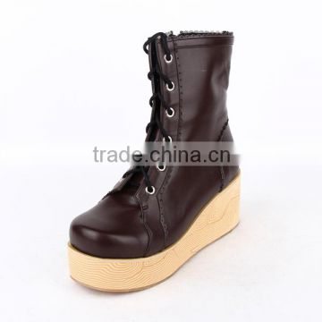 7 cm heel fashion middle Brown lace up ruuber bottom leather Boots lolita shoes