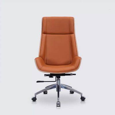 Office chair in cognac leather, walnut wood and polished aluminum – Nordic
