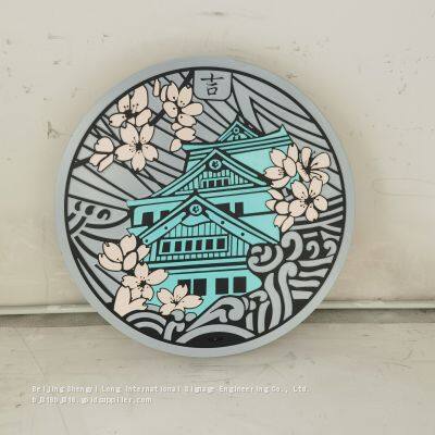Customized Art Japanese Manhole Cover Painting Ductile Iron Copper Aluminum Relief Metal Ground Sculpture Boundary Post