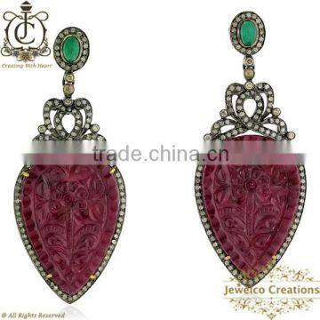 Ruby Gemstone Carved Jewelry, 14K Gold Gemstone Carving Earrings, 925 Sterling Silver Handcrafted Carving Earrings Jewelry