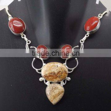 Picture Jasper, Carnelian Necklace plated 925 Sterling Silver 41 Gms 18-20 Inches