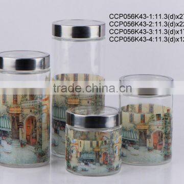 round glass jar with printing with metal lid(CCP056K43)