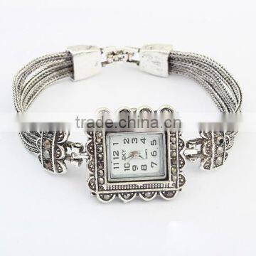 2015 Newest Fashion Antique Silver Metal Square Hematite Rhinestone Chain Bracelet Watch