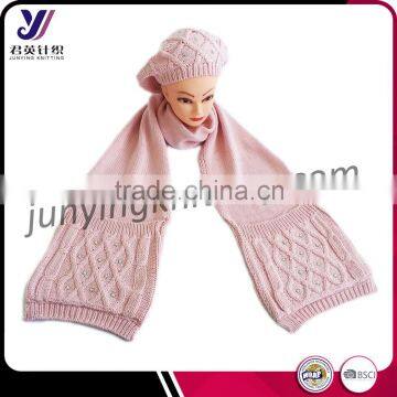 Fashion qualtiy womens knitting beanie hats + scarf+ gloves sets factory sales (can be customized)