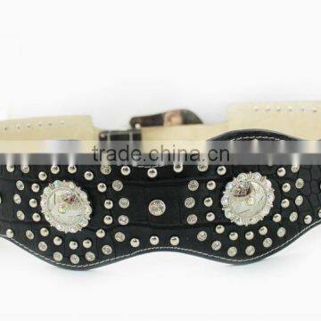 2015 New Design Western rhinestone leather belt extra wide ocean-wave with conchos and crystals