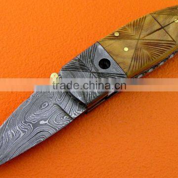 A SLIM/SMAR/SMALL OLIVE WOOD HANDLE, HANDMADE DAMASCUS STEEL LINER LOCK HUNTING FOLDING KNIFE