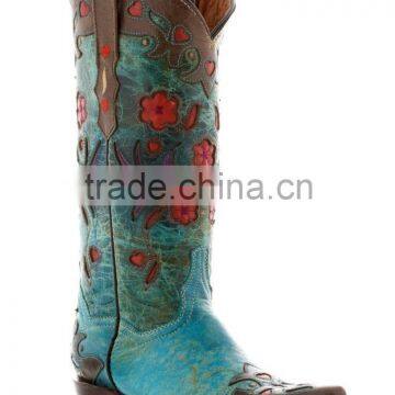 Womens Brown Turquoise Robin Flower Print Western Leather Rodeo Cowgirl Boots photo-4