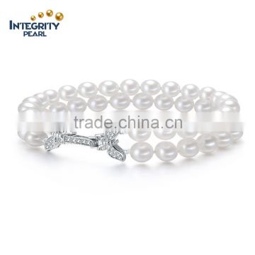 Button round silver clasp 7-8mm Freshwater Women pearl bangle bracelet