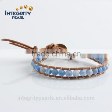 6mm natural blue agate promotional leather bracelet, hand make leather bracelet, high quality leather bracelet