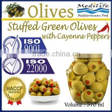 Stuffed Green Olives. Top Quality 100% Tunisian Olives. Stuffed Olives with Cayenne Peppers, Table Olives. 370 ml Glass Jar