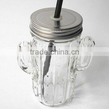 Cactus Plant Unique Shape Clear Glass Juice Mason Jar With Silver Lid and Straw photo-2