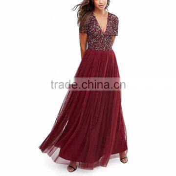 latest fashion floor length dress pattern embellished sequin V neck chiffon maxi dresses cocktail dress