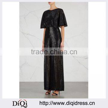 Wholesale Women Apparel Ruffled Sleeves Open Back Black Sequinned Tulle Jumpsuit(DQE0115J)