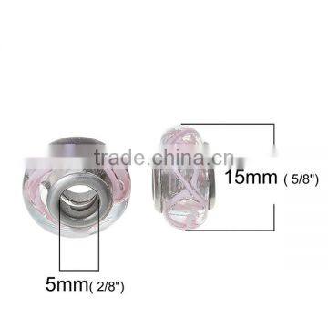 Lampwork Glass European Style Large Hole Beads Round Transparent Pink Ripple With 304 Stainless Steel Silver Tone Core photo-2