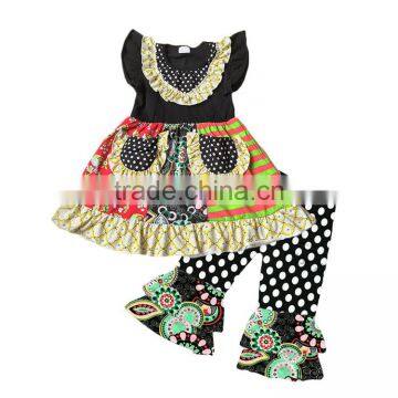 kids black clothing wholesale Girls Ruffle polka-dot pant Tunic Boutique Clothing flutter sleeve priting kids modeling clothes