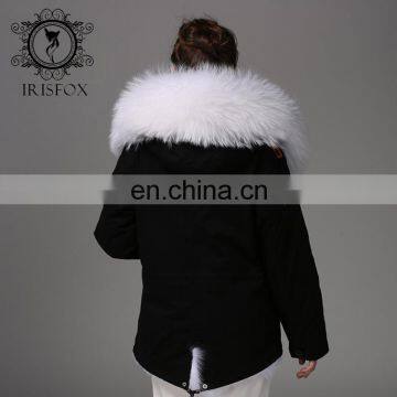 Fashion Women Black Jacket With Raccoon Collar And White Fox Fur Coat photo-4