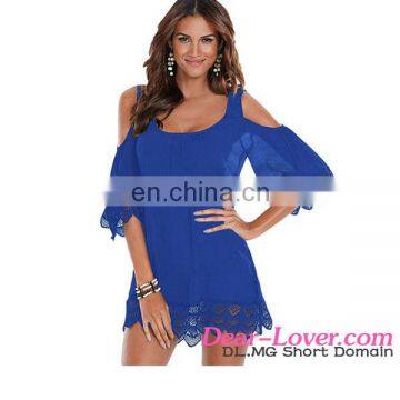 2017 summer Blue Lacy Crochet Trim Crinkle Cold Shoulder Womens Beach dress