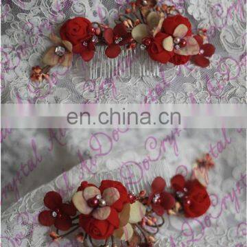 Aidocrystal Marsala Burgundy Hair Accessory Red Floral Hair Comb Hair Flower With Leaves Wedding Fascinators for Women photo-3