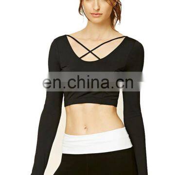 Spring Summer Fashion Custom Logo Long Sleeve Straps Criss Cross Plain Black Casual Crop t Shirt for Ladies
