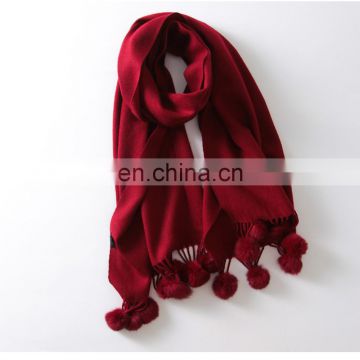 2016 wholesale New design winter plain rabbit fur ball wool spinning scarf