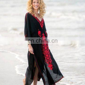 Black Cotton Beach Dress Red Embroidery Beach Cover up Sarong Beachwear 2019 Robe de Plage Swimsuit Cover up Beach Tunic