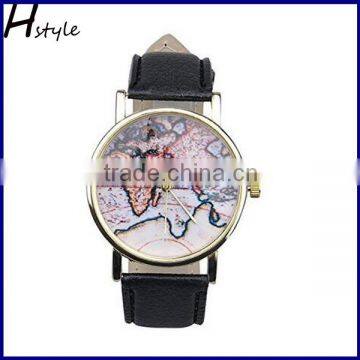 2016 New Retro World Map Printed PU Leather Band Alloy Case Analog Quartz Ladies Wrist Watch Black WP011