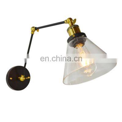 Antique Brass Swing Arm Wall Lamp Adjustable Retro Industrial Clear Glass Cylinder Lampshade For Wall Lamp