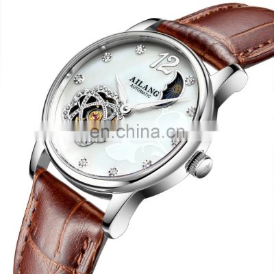 AILANG 8808 Ladies Automatic Self-wind Wristwatch with Rhinestone Charm Leather Mechanical Tourbillon Watch for Women