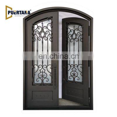 Arched Top Wrought Iron French Double Front Entry Door With Sidelights & Transom Exterior Steel Main Entrance Door Grill Design photo-2