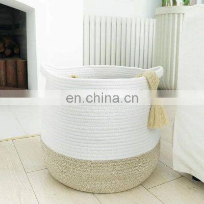 Hot Sell Woven Storage Basket With Handles Laundry Hamper Toy Towels Blanket Basket Woven Cotton Rope Basket