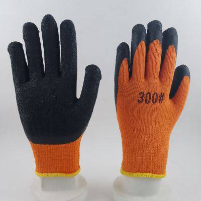 terry liner thickened polyester thread 7 gauge knitted wrinkled latex palm coated safety work gloves