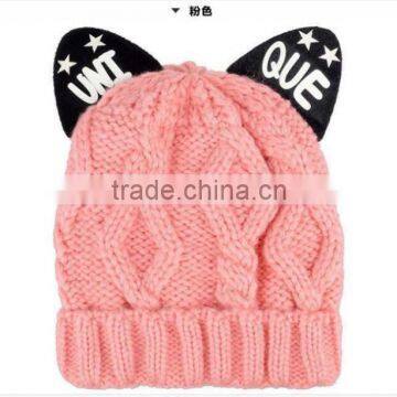 Unique Printed Cat Ear Decorated Polar Fleece Inside Twisted Knitting Women Girls Hat