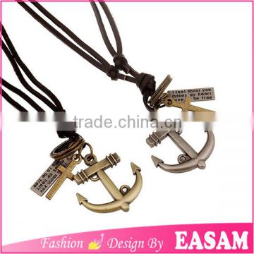 Factory wholesale vintage genuine leather cord necklace with anchor pendant