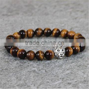 KJL-0015 Silver Lion Head Men's Stretch Brcelet, Yellow Tiger Eye Stone Beads Bracelet,2015